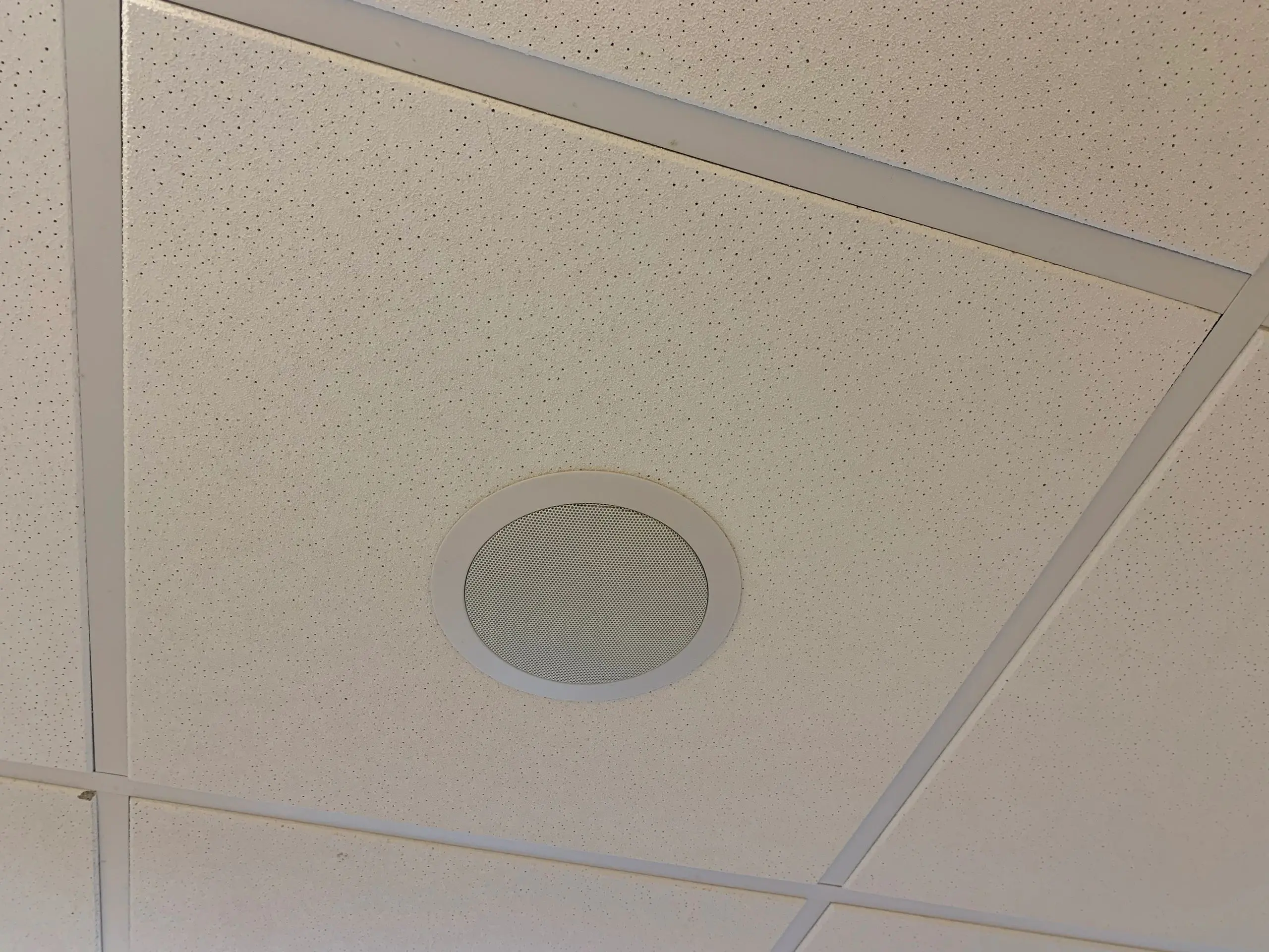 Ceiling tiles with circular ventilation fixture.