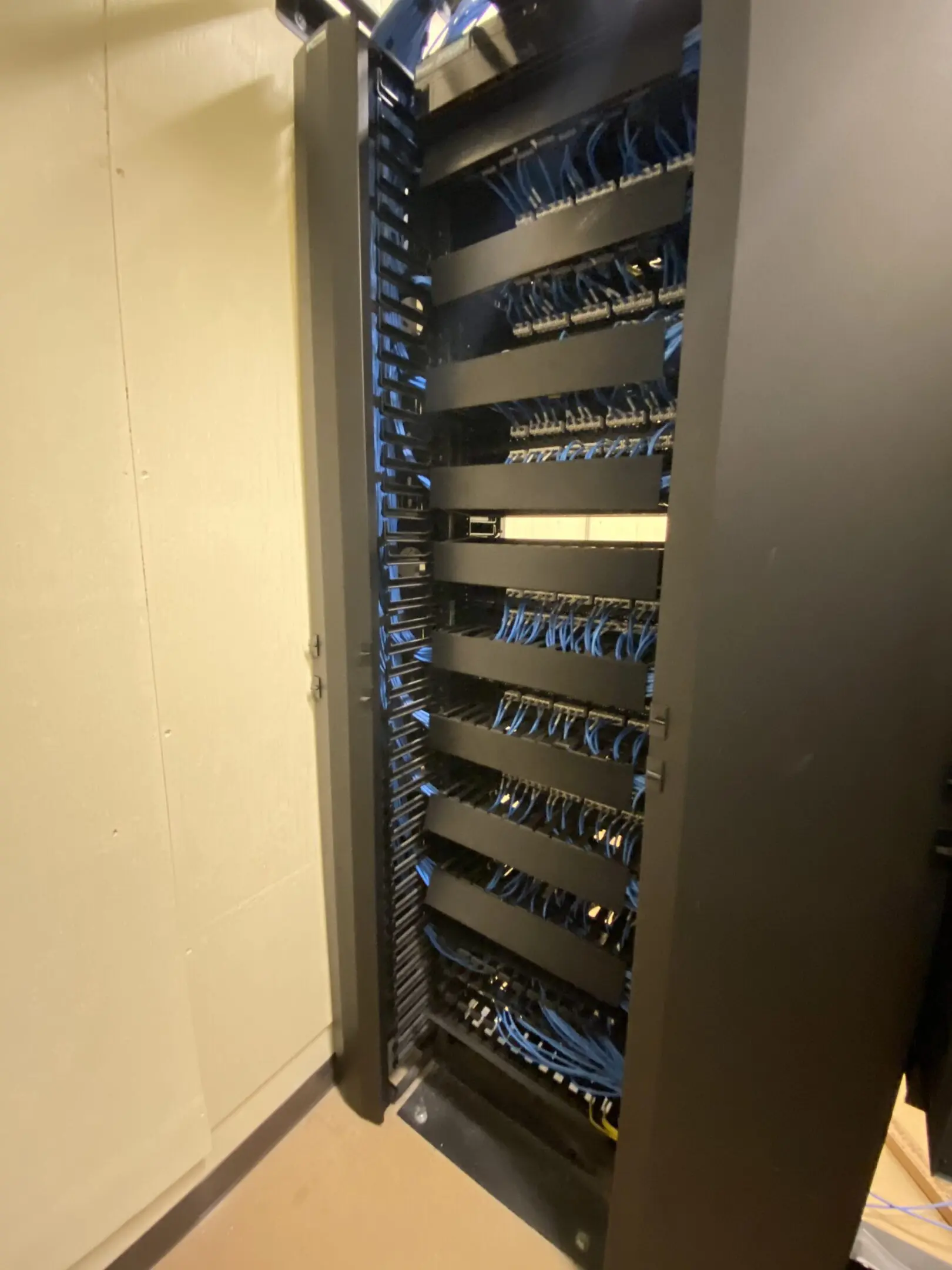 Network rack with organized blue Ethernet cables