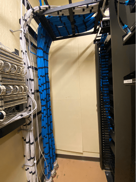 Blue network cable bundles in data center rack
