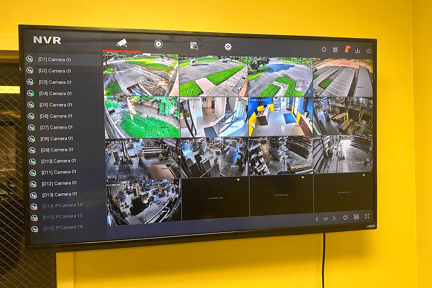 Monitor displaying multiple surveillance camera feeds