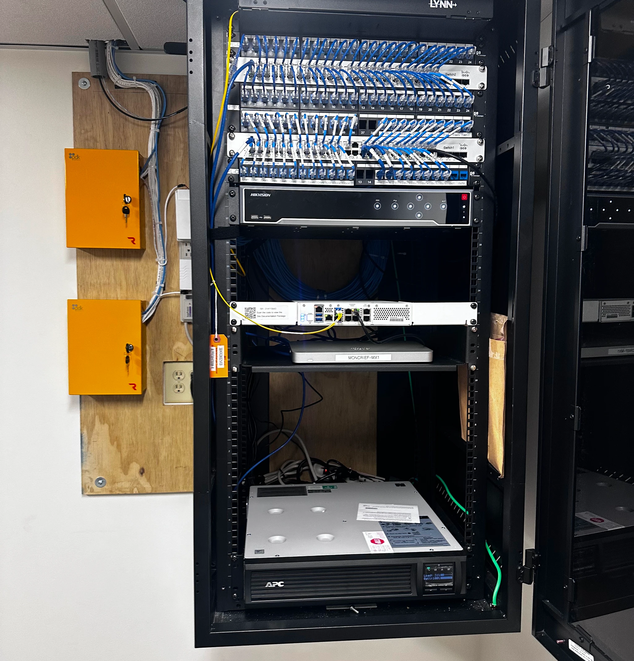 Network equipment rack with blue patch cables